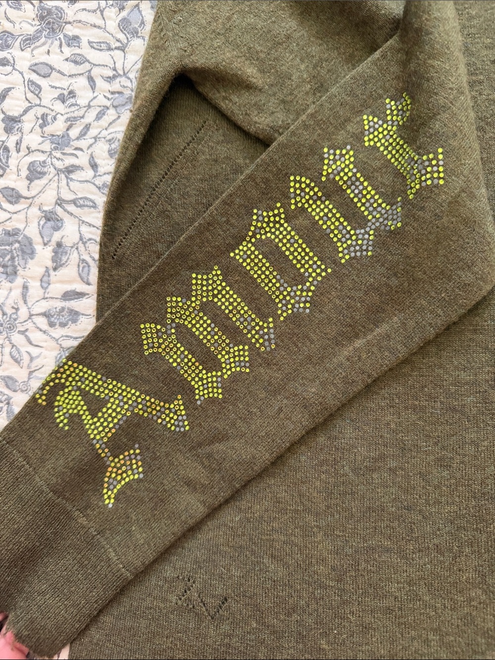 ZADIG AND VOLTAIRE Olive Green Embellished Sweater with Rhinestone Patches - Picture 6 of 10